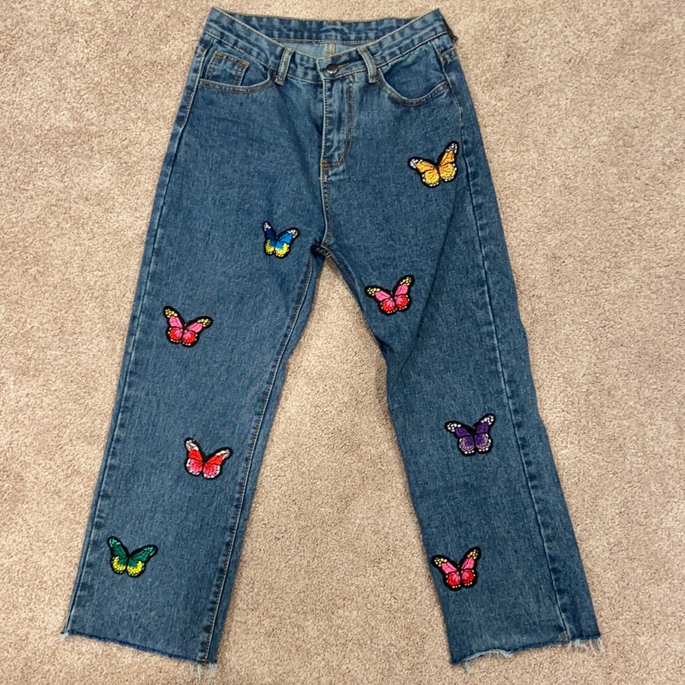 Empty Soda butterfly patched jeans